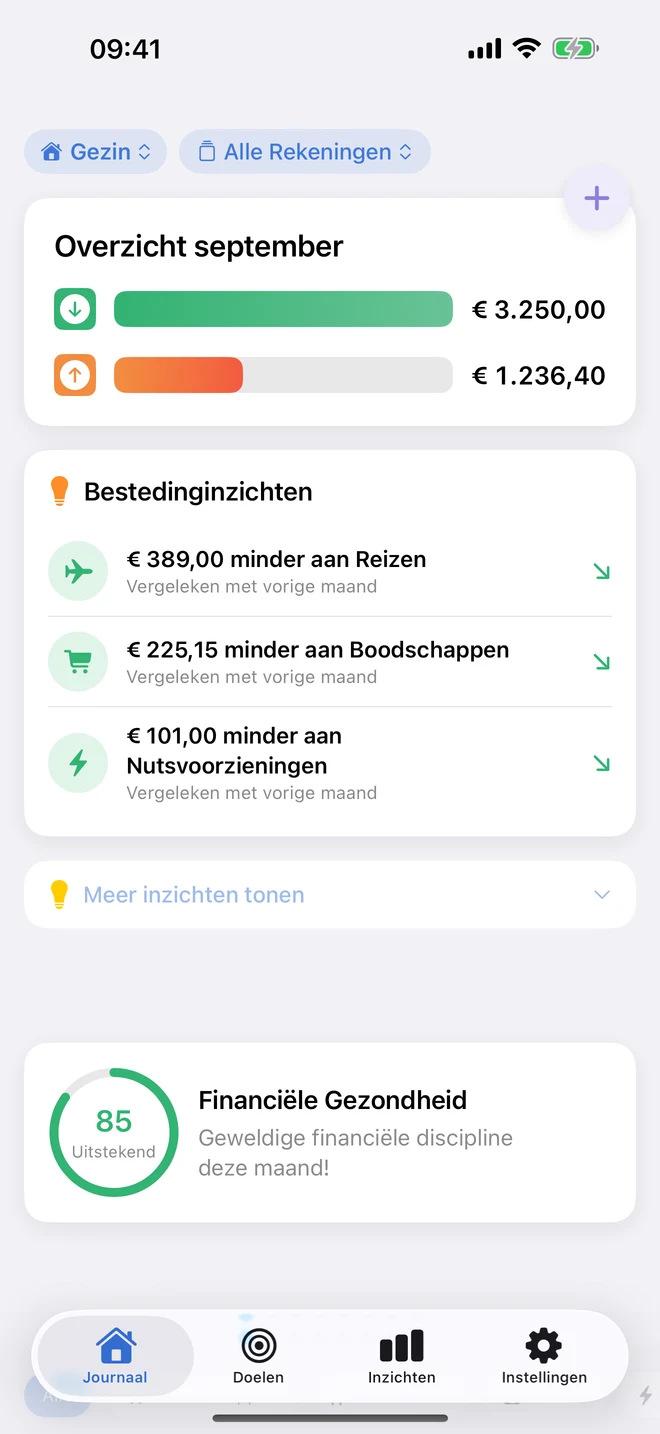Stay Steady op iPhone: inkomsten, uitgaven en bestedingsinzichten in het Nederlandstalige journaal, met demogegevens.
