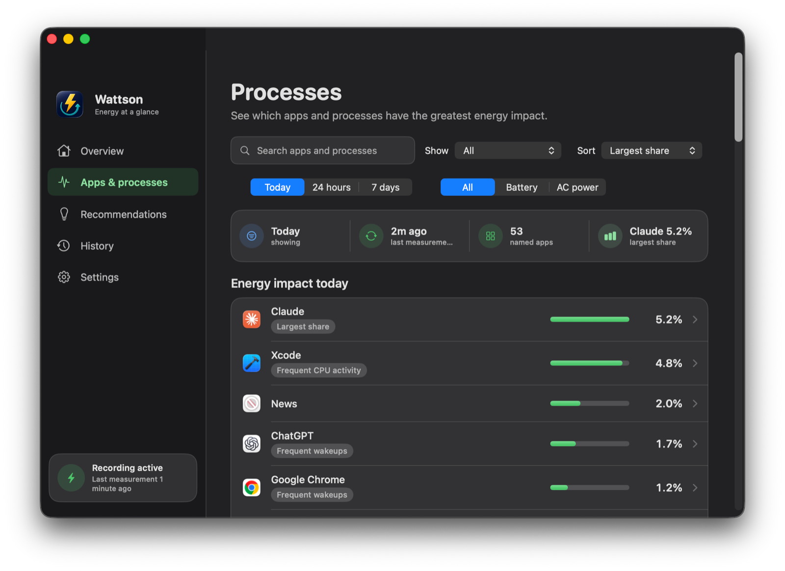 The apps and processes list, filtered to a power source, with search, category and sort controls.